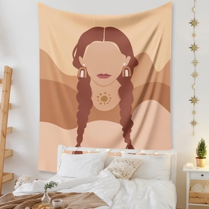 Detail view of Bohemian tapestry featuring an abstract faceless woman portrait on a white wall