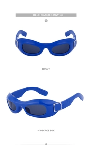 Macro detail of oval blue frame Y2K sunglasses with gray lenses in front and side views