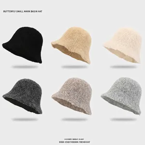 Winter Bucket Hat Faux Lamb Wool Warm Windproof Solid Color Plush Fisherman Cap For Women Korean Style Elegant