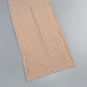 Detail of nude mesh evening gown featuring intricate silver rhinestones and a high slit