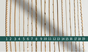 Detailed grid of 19 gold-plated titanium steel chain styles including snake and box link