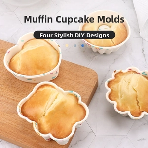 Four shaped muffin cup cake molds for DIY baking, aesthetic kitchen baking tools.