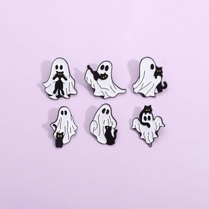 Set of 6 Halloween enamel pins featuring cute white ghost and black cat creative motifs