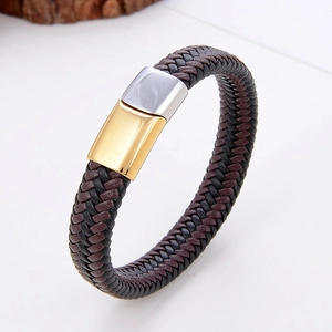 Braided black-brown leather bracelet with silver and gold stainless steel magnetic clasp