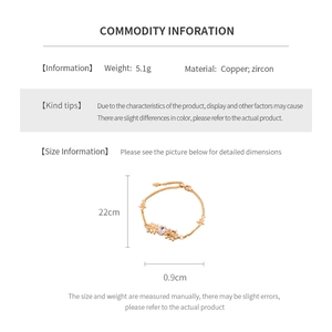 Detailed size and material specifications for iris flower zircon gold pull-out bracelet