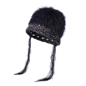 Chic winter plush knit hat with colorful speckled yarn and black faux fur top detail