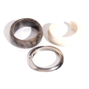 Retro resin marble and silver metal geometric bangles set for women fashion