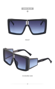 Detail of steampunk sunglasses with side shield design and metal accents