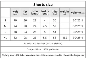 Detaillierte Größentabelle und Maße für Performance-Hotpants aus PU-Leder mit mittlerer Leibhöhe