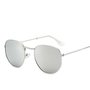 Detail view of silver metal polygon sunglasses frame with anti-slip textured edge finish