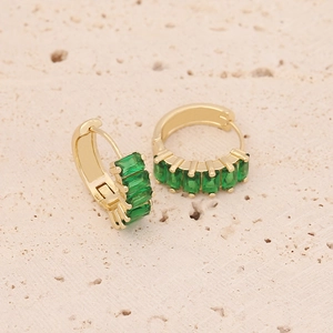 Gold plated hoop earrings featuring rectangular emerald green zircon stones on stone pedestal