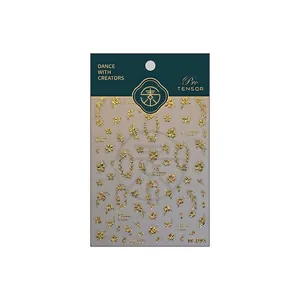 Gold 3D embossed floral nail stickers M-891 with vintage flowers on green card