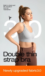 Detail of grey sports bra with thin double straps and built-in pads for yoga