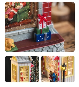 Detailed view of glowing fireplace and sleeping golden retriever Christmas music box scene