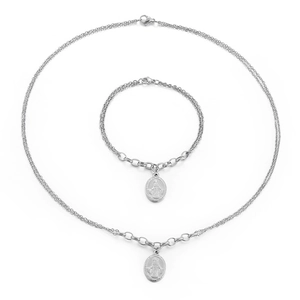 Silver stainless steel double-layer necklace and bracelet set with Virgin Mary coin pendant