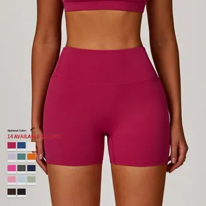 High-waisted women's yoga shorts in rose red with 14 optional colors for gym and running