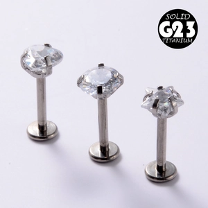G23 titanium labret studs with star and round cubic zirconia and internal threading