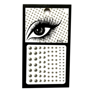 Detailed view of self-adhesive clear acrylic face gems on professional card packaging