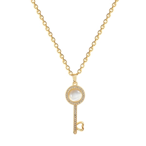 Luxurious gold titanium necklace with opal key pendant and sparkling rhinestones