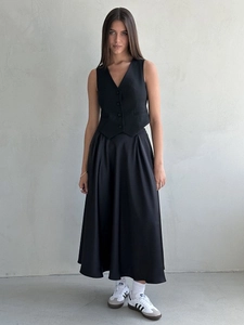 Elegant high-waist satin maxi skirt and slim fit vest set in classic black fabric