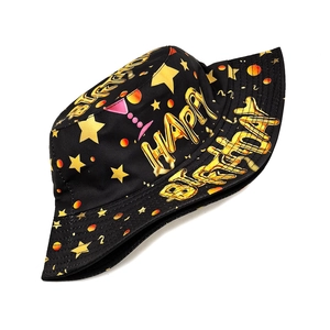 Fashionable black Happy Birthday bucket hat with 3D gold letters and party prints
