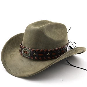 Olive green suede cowboy hat with woven leather band and turquoise studs on white background