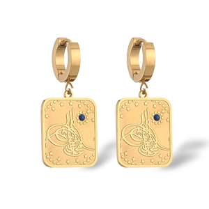 Gold plated tarot style earrings with blue gemstone and rectangular charms