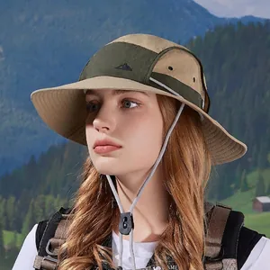 Outdoor wide brim sun hat with adjustable chin strap for hiking and UV protection