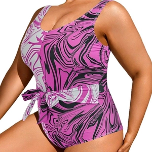 Plus size one-piece swimsuit featuring purple abstract marble print and waist tie