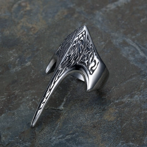 Retro Viking crow totem ring in silver metal with bone and claw bionic design