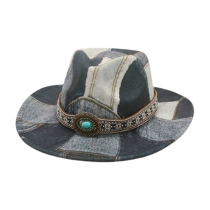 Western Cowboy Hat Denim Patchwork Wide Brim Fedora With Ethnic Ribbon Turquoise Decoration Retro Bohemian Sun Hat