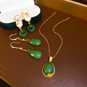 Water Drop Green Glass Dangle Earrings And Necklace With 925 Sterling Silver Earring Post Gold Plated Zircon Retro Chinese