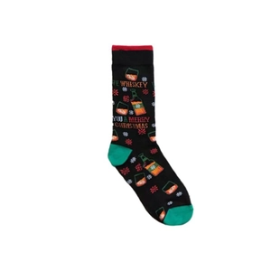 Detail of Christmas cotton socks with whiskey bottle patterns and holiday greeting text