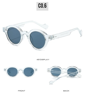 Three views of round steampunk sunglasses with transparent frames and dark lenses