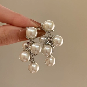 French style geometric pearl drop earrings with silver pins for an elegant women look