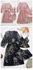Three-piece satin pajama set with floral print including robe, camisole, and shorts