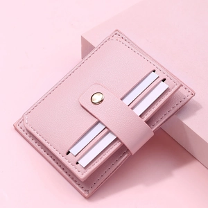 Women Card Holder PU Leather Ultra Thin Mini Snap Button Multi Slot Lychee Pattern Wallet For Students