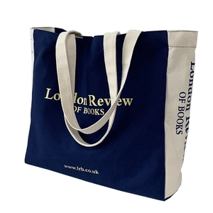 Borsa tote in tela blu navy e bianco crema con stampa London Review of Books e manici