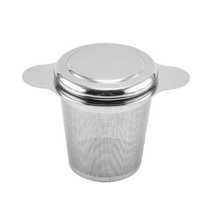 304 stainless steel tea infuser with fine mesh strainer and silicone lid on white background