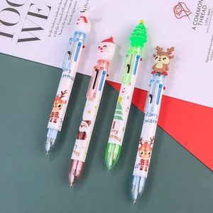 Christmas 6-color ballpoint pens with Santa, snowman, and reindeer cartoon toppers
