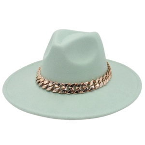 Detail of mint green wool fedora hat with elegant thick gold chain link decoration
