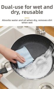 Detail of light blue microfiber cloth showing wet and dry cleaning on a soapy pan