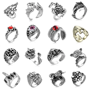 Vintage Gothic Punk Rings For Men Women Alloy Antique Silver Skull Dragon Eagle Claw Adjustable Open Band Finger Jewelry