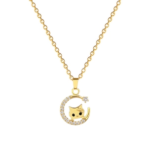 Elegant gold titanium necklace featuring a crescent moon and cat pendant with zircon crystals