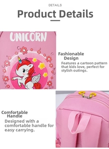 Detail view of pink unicorn school bag showing durable fabric and yellow metal zipper