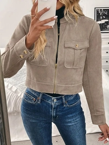 Vintage khaki faux suede short jacket for women featuring front zipper and flap pockets