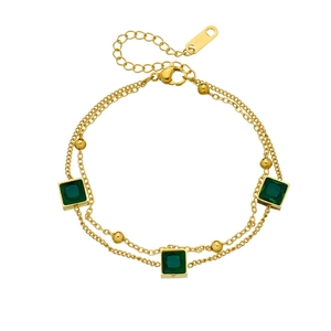 Double-layer gold plated stainless steel bracelet featuring square green glass pendants