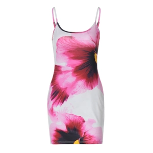 Platliggende witte bodycon jurk met roze bloemenprint en smalle schouderbandjes