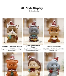 Detail view of 6 mini Christmas resin animal figurines with red Santa hats in grid layout