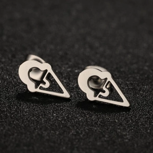 Polished stainless steel ice cream cone stud earrings on a dark textured background